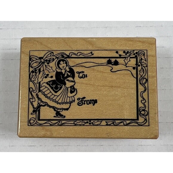 PSX F-392 Christmas Rubber Stamp GIRL ICE SKATING VINTAGE TO/FROM TAG LABEL - Picture 1 of 11